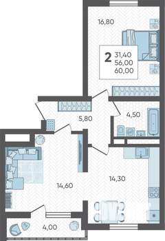 2-к квартира, строящийся дом, 60м2, 3/16 этаж