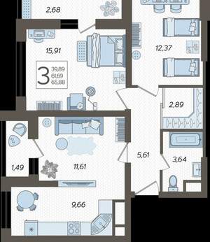 3-к квартира, вторичка, 66м2, 12/19 этаж