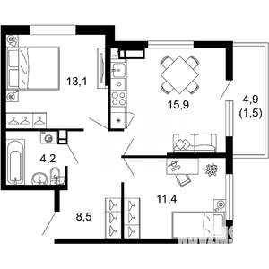 2-к квартира, вторичка, 55м2, 4/17 этаж
