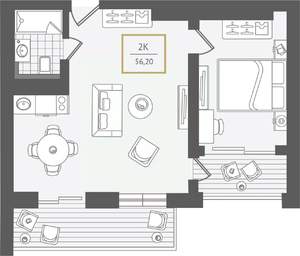 2-к квартира, вторичка, 57м2, 9/10 этаж