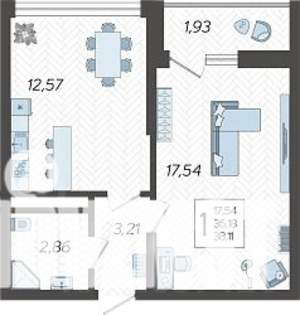 1-к квартира, вторичка, 38м2, 13/19 этаж