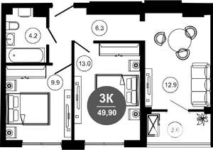 2-к квартира, вторичка, 50м2, 2/10 этаж