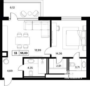 2-к квартира, вторичка, 55м2, 6/16 этаж