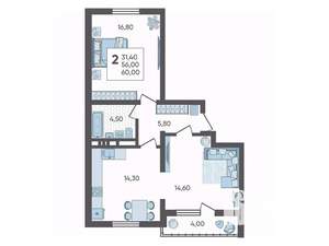 2-к квартира, вторичка, 60м2, 4/16 этаж