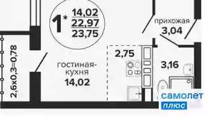 Студия квартира, вторичка, 24м2, 7/24 этаж