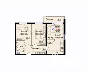 2-к квартира, вторичка, 60м2, 4/16 этаж