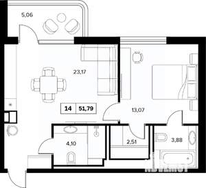 2-к квартира, строящийся дом, 52м2, 2/16 этаж