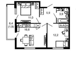 2-к квартира, вторичка, 50м2, 6/17 этаж