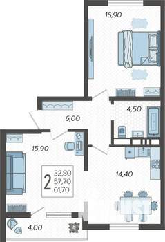 2-к квартира, строящийся дом, 62м2, 9/10 этаж