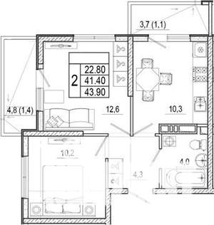 2-к квартира, вторичка, 44м2, 3/17 этаж