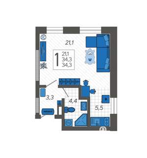 Студия квартира, вторичка, 35м2, 1/12 этаж