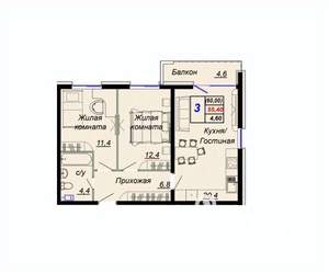 2-к квартира, вторичка, 60м2, 9/16 этаж