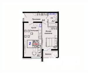 2-к квартира, вторичка, 47м2, 11/15 этаж