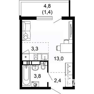 1-к квартира, вторичка, 24м2, 14/17 этаж