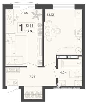 1-к квартира, строящийся дом, 38м2, 2/20 этаж