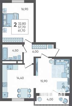 2-к квартира, строящийся дом, 62м2, 10/10 этаж