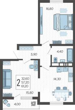 2-к квартира, вторичка, 61м2, 2/10 этаж