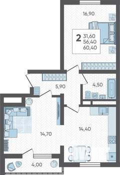 2-к квартира, вторичка, 60м2, 8/16 этаж