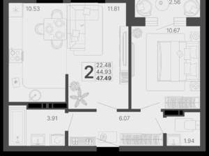 2-к квартира, вторичка, 48м2, 4/20 этаж