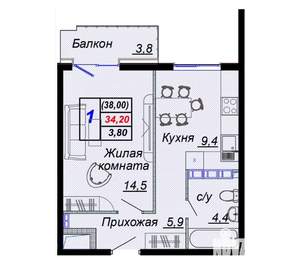 1-к квартира, вторичка, 38м2, 12/15 этаж