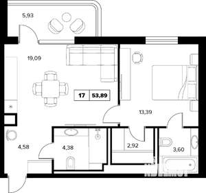2-к квартира, вторичка, 54м2, 6/16 этаж