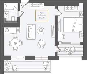 2-к квартира, вторичка, 57м2, 9/10 этаж