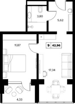 2-к квартира, вторичка, 43м2, 13/16 этаж