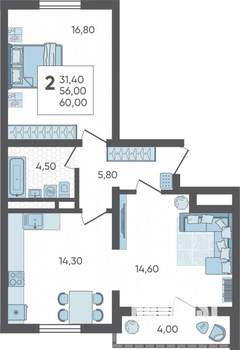 2-к квартира, строящийся дом, 60м2, 2/16 этаж