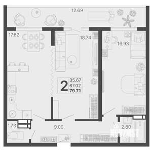 2-к квартира, вторичка, 73м2, 9/20 этаж