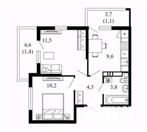 2-к квартира, вторичка, 42м2, 9/17 этаж