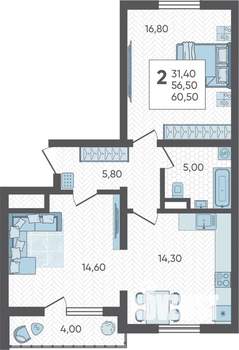 2-к квартира, строящийся дом, 61м2, 1/16 этаж