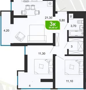 2-к квартира, вторичка, 65м2, 10/19 этаж