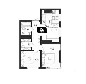 2-к квартира, вторичка, 45м2, 8/19 этаж