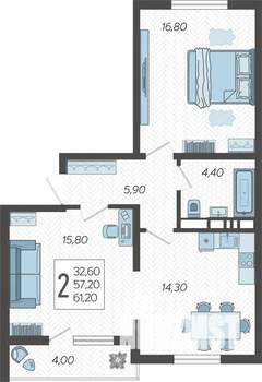 2-к квартира, строящийся дом, 61м2, 4/10 этаж