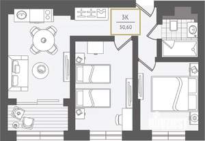 3-к квартира, вторичка, 52м2, 2/10 этаж