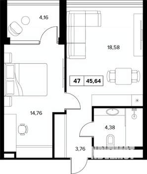 2-к квартира, вторичка, 46м2, 6/16 этаж