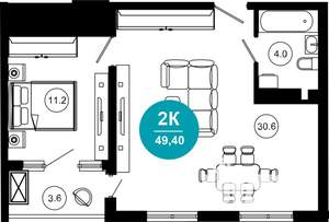 2-к квартира, строящийся дом, 50м2, 4/10 этаж