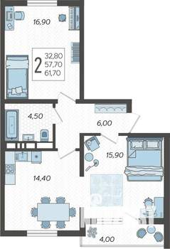 2-к квартира, строящийся дом, 62м2, 6/10 этаж