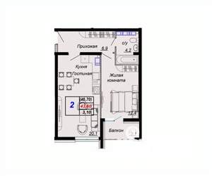 2-к квартира, вторичка, 47м2, 13/15 этаж