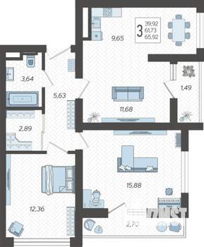 3-к квартира, вторичка, 68м2, 6/19 этаж