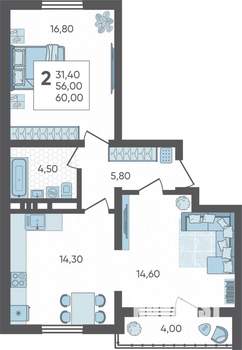 2-к квартира, строящийся дом, 60м2, 4/16 этаж