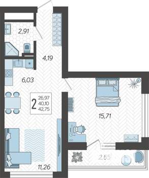 2-к квартира, строящийся дом, 43м2, 14/19 этаж
