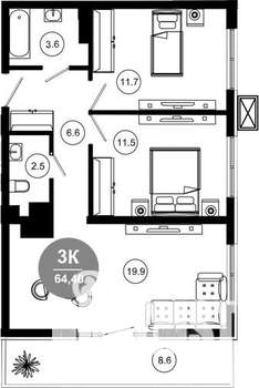 3-к квартира, вторичка, 64м2, 5/10 этаж