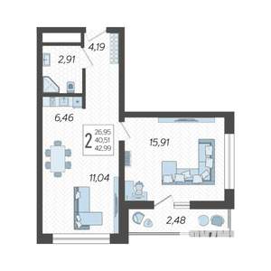 2-к квартира, строящийся дом, 43м2, 2/19 этаж