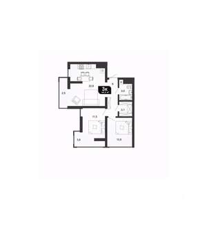 3-к квартира, вторичка, 65м2, 19/19 этаж
