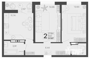 2-к квартира, строящийся дом, 54м2, 11/20 этаж