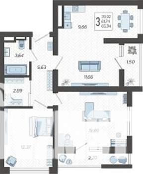 3-к квартира, строящийся дом, 66м2, 5/19 этаж