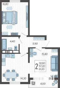 2-к квартира, вторичка, 61м2, 2/10 этаж
