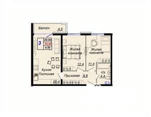 2-к квартира, вторичка, 59м2, 9/15 этаж