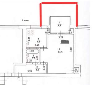 1-к квартира, вторичка, 35м2, 1/4 этаж